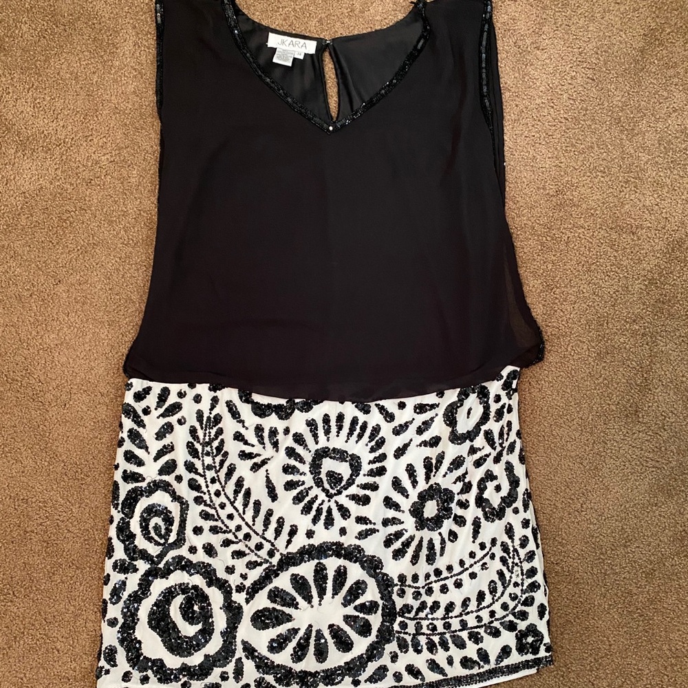 Black top, B/W sequin bottom dress size 14